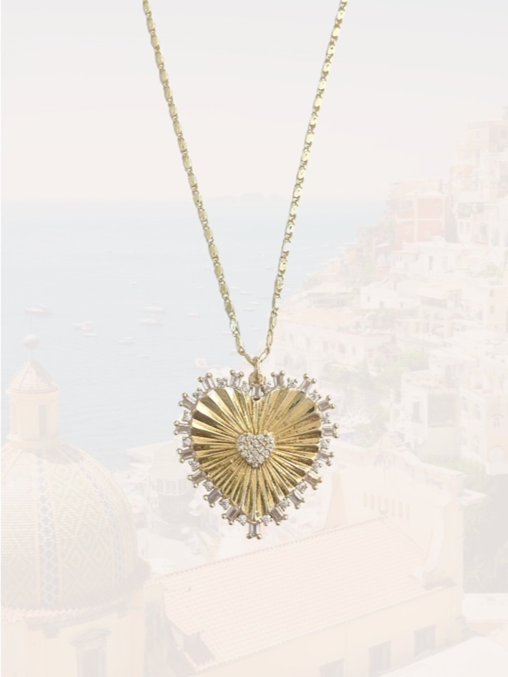 NWT Fluted Heart CZ Charm Necklace 925 Sterling Gold Plated Pendant Cubic Zircon